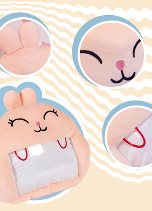 Adorable pink bunny plush toy, cartoon rabbit stuffed toy with a soft blanket inside and a hand-warmer feature in its belly. This multi-functional stuffed animal offers comfort and warmth. Soft and cuddly, this squishmallow-style stuffed animal doubles as a pillow for kids, making it the perfect plushie and comfort companion for bedtime or playtime. 3
