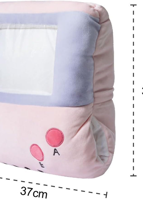 Adorable pink game console-shaped plush toy with a soft blanket inside and a hand-warmer feature in its belly. This multi-functional stuffed animal offers comfort and warmth, making it a perfect squishmallow-style throw pillow or plushie for cozy relaxation. 2
