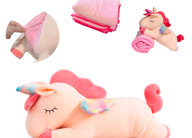 Adorable pink unicorn plush toy with rainbow wings, featuring a cozy unicorn blanket tucked inside its belly. Soft and cuddly, this squishmallow-style stuffed animal doubles as a pillow for kids, making it the perfect plushie and comfort companion for bedtime or playtime. 1
