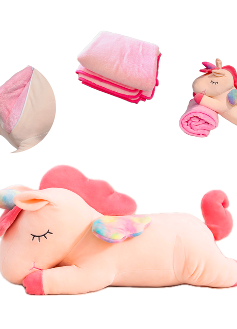 Adorable pink unicorn plush toy with rainbow wings, featuring a cozy unicorn blanket tucked inside its belly. Soft and cuddly, this squishmallow-style stuffed animal doubles as a pillow for kids, making it the perfect plushie and comfort companion for bedtime or playtime. 1
