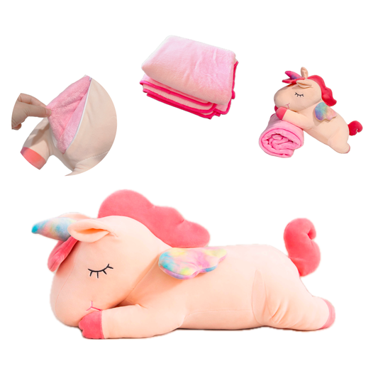 Adorable pink unicorn plush toy with rainbow wings, featuring a cozy unicorn blanket tucked inside its belly. Soft and cuddly, this squishmallow-style stuffed animal doubles as a pillow for kids, making it the perfect plushie and comfort companion for bedtime or playtime. 1
