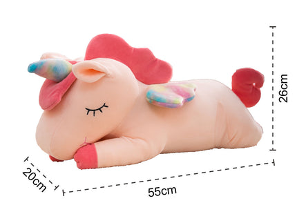 Adorable pink unicorn plush toy with rainbow wings, featuring a cozy unicorn blanket tucked inside its belly. Soft and cuddly, this squishmallow-style stuffed animal doubles as a pillow for kids, making it the perfect plushie and comfort companion for bedtime or playtime. 2
