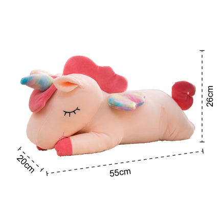 Adorable pink unicorn plush toy with rainbow wings, featuring a cozy unicorn blanket tucked inside its belly. Soft and cuddly, this squishmallow-style stuffed animal doubles as a pillow for kids, making it the perfect plushie and comfort companion for bedtime or playtime. 2
