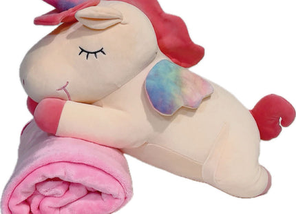 Adorable pink unicorn plush toy with rainbow wings, featuring a cozy unicorn blanket tucked inside its belly. Soft and cuddly, this squishmallow-style stuffed animal doubles as a pillow for kids, making it the perfect plushie and comfort companion for bedtime or playtime. 5
