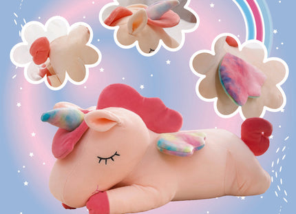 Adorable pink unicorn plush toy with rainbow wings, featuring a cozy unicorn blanket tucked inside its belly. Soft and cuddly, this squishmallow-style stuffed animal doubles as a pillow for kids, making it the perfect plushie and comfort companion for bedtime or playtime. 6
