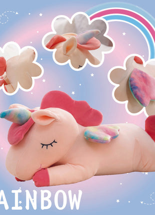 Adorable pink unicorn plush toy with rainbow wings, featuring a cozy unicorn blanket tucked inside its belly. Soft and cuddly, this squishmallow-style stuffed animal doubles as a pillow for kids, making it the perfect plushie and comfort companion for bedtime or playtime. 6
