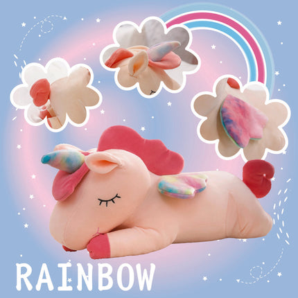 Adorable pink unicorn plush toy with rainbow wings, featuring a cozy unicorn blanket tucked inside its belly. Soft and cuddly, this squishmallow-style stuffed animal doubles as a pillow for kids, making it the perfect plushie and comfort companion for bedtime or playtime. 6
