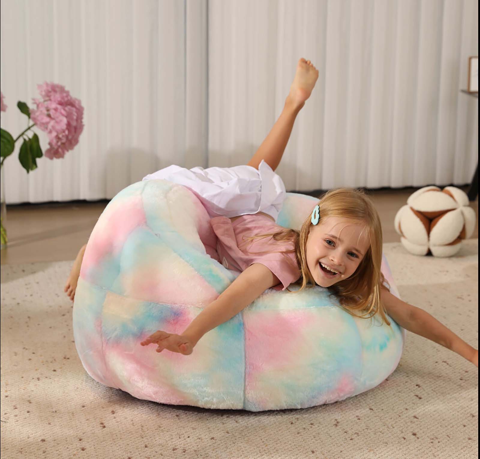 Bright and colorful rainbow bean bag chair cover made of ultra-soft faux fur, perfect for kids' rooms or cozy spaces. Versatile as a bean bag sofa cover or beanbag couch cover, adding style and comfort to any setting. 2