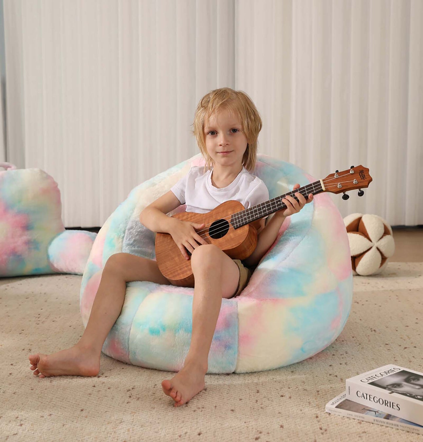 Bright and colorful rainbow bean bag chair cover made of ultra-soft faux fur, perfect for kids' rooms or cozy spaces. Versatile as a bean bag sofa cover or beanbag couch cover, adding style and comfort to any setting. 3