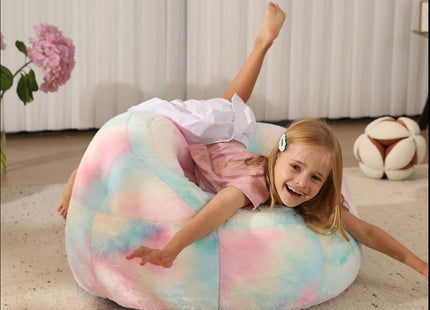 Bright and colorful rainbow bean bag chair cover made of ultra-soft faux fur, perfect for kids' rooms or cozy spaces. Versatile as a bean bag sofa cover or beanbag couch cover, adding style and comfort to any setting. 2