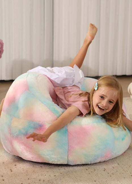 Bright and colorful rainbow bean bag chair cover made of ultra-soft faux fur, perfect for kids' rooms or cozy spaces. Versatile as a bean bag sofa cover or beanbag couch cover, adding style and comfort to any setting. 2
