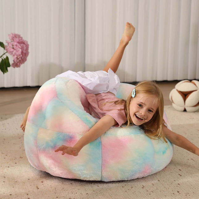 Bright and colorful rainbow bean bag chair cover made of ultra-soft faux fur, perfect for kids' rooms or cozy spaces. Versatile as a bean bag sofa cover or beanbag couch cover, adding style and comfort to any setting. 2
