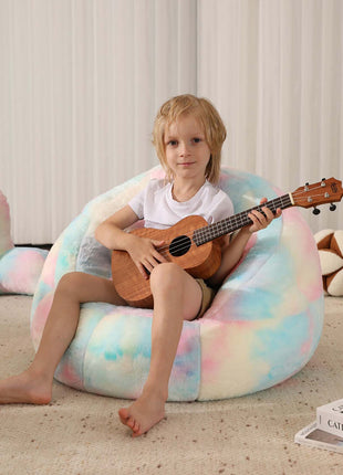 Bright and colorful rainbow bean bag chair cover made of ultra-soft faux fur, perfect for kids' rooms or cozy spaces. Versatile as a bean bag sofa cover or beanbag couch cover, adding style and comfort to any setting. 3