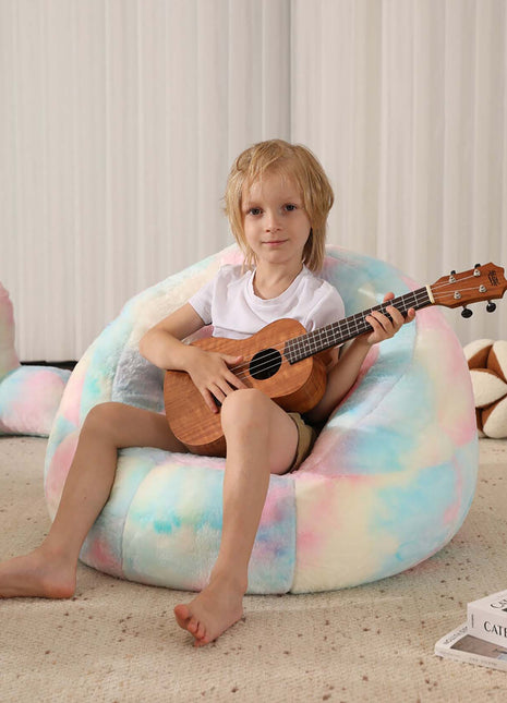 Bright and colorful rainbow bean bag chair cover made of ultra-soft faux fur, perfect for kids' rooms or cozy spaces. Versatile as a bean bag sofa cover or beanbag couch cover, adding style and comfort to any setting. 3