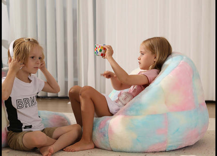 Bright and colorful rainbow bean bag chair cover made of ultra-soft faux fur, perfect for kids' rooms or cozy spaces. Versatile as a bean bag sofa cover or beanbag couch cover, adding style and comfort to any setting. 4
