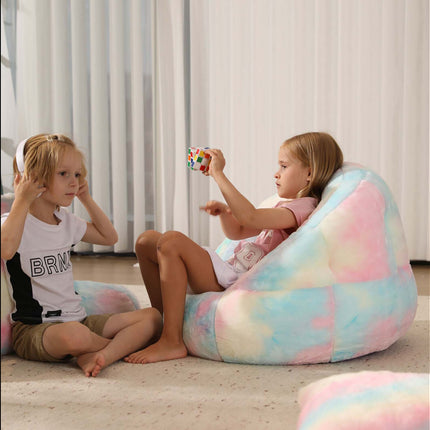 Bright and colorful rainbow bean bag chair cover made of ultra-soft faux fur, perfect for kids' rooms or cozy spaces. Versatile as a bean bag sofa cover or beanbag couch cover, adding style and comfort to any setting. 4