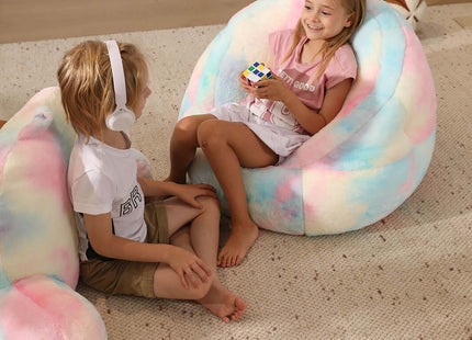 Bright and colorful rainbow bean bag chair cover made of ultra-soft faux fur, perfect for kids' rooms or cozy spaces. Versatile as a bean bag sofa cover or beanbag couch cover, adding style and comfort to any setting. 5
