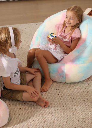 Bright and colorful rainbow bean bag chair cover made of ultra-soft faux fur, perfect for kids' rooms or cozy spaces. Versatile as a bean bag sofa cover or beanbag couch cover, adding style and comfort to any setting. 5