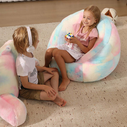 Bright and colorful rainbow bean bag chair cover made of ultra-soft faux fur, perfect for kids' rooms or cozy spaces. Versatile as a bean bag sofa cover or beanbag couch cover, adding style and comfort to any setting. 5
