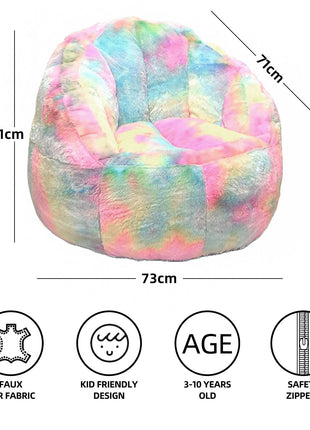 Bright and colorful rainbow bean bag chair cover made of ultra-soft faux fur, perfect for kids' rooms or cozy spaces. Versatile as a bean bag sofa cover or beanbag couch cover, adding style and comfort to any setting. 6