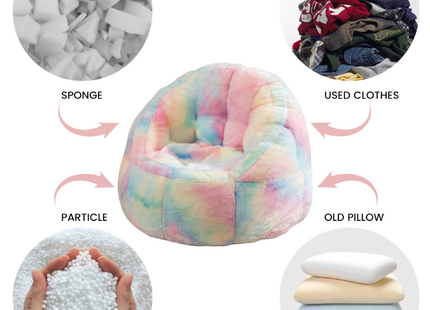 Multicolored kids bean bag chair with images of sponge, used clothes, particle, and old pillow around it.