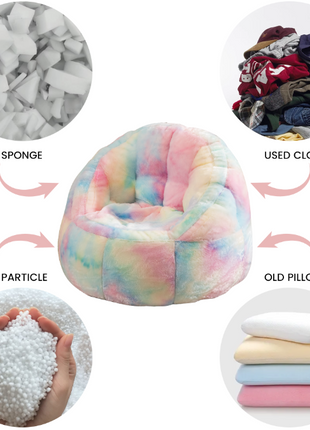 Multicolored kids bean bag chair with images of sponge, used clothes, particle, and old pillow around it.