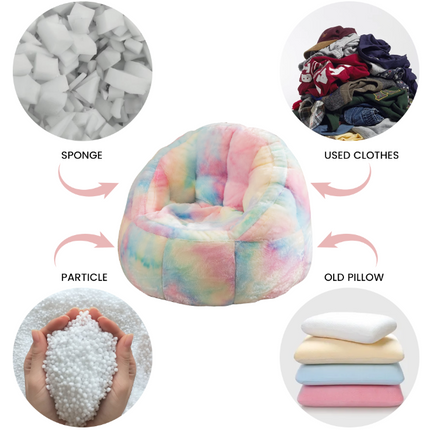 Multicolored kids bean bag chair with images of sponge, used clothes, particle, and old pillow around it.