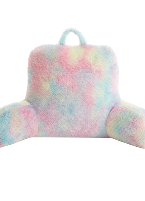 Comfortable and colorful rainbow reading pillow with soft faux fur, featuring arm support for added relaxation. Perfect as a backrest cushion for bed, couch, or chair, ideal for reading, lounging, or watching TV. 1