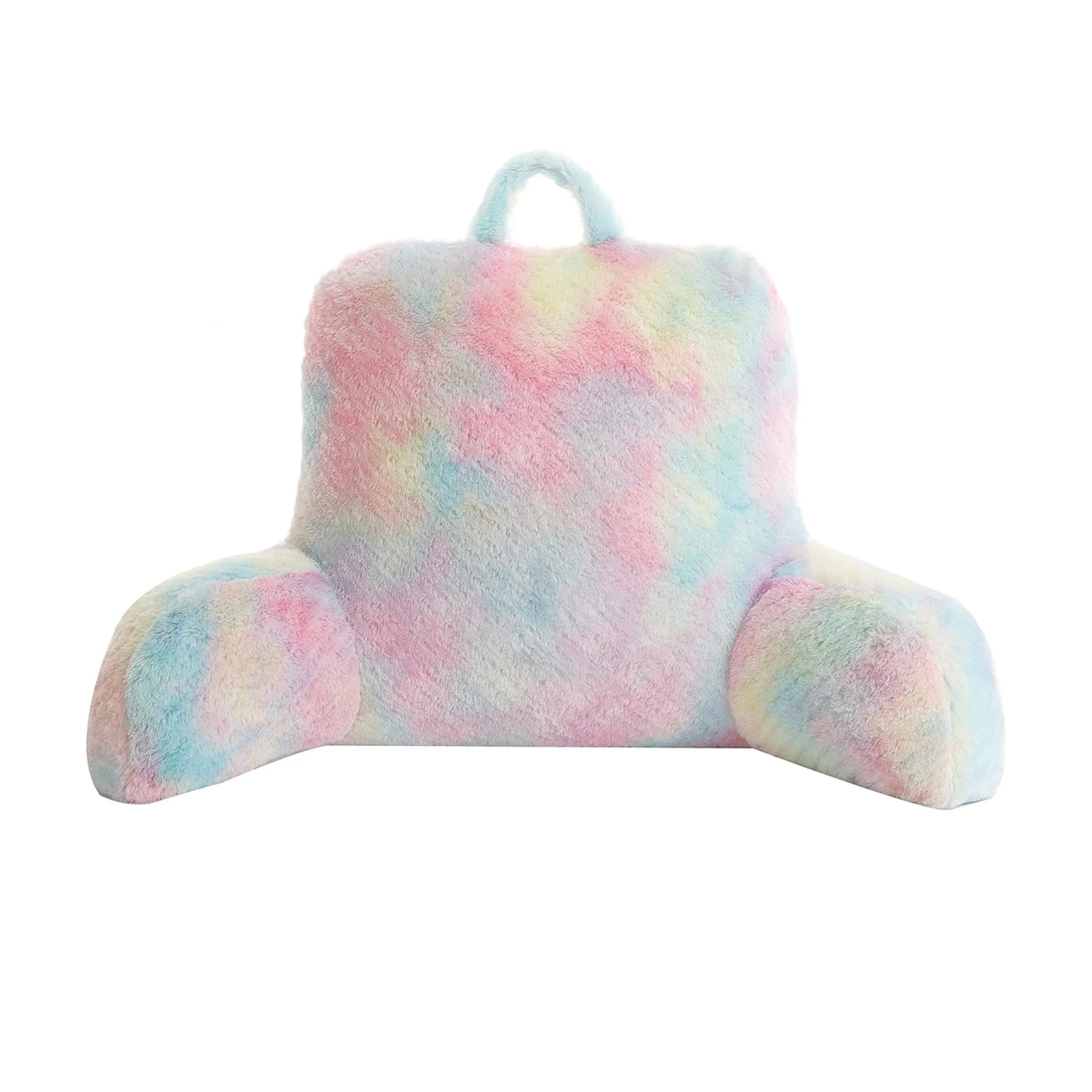 Comfortable and colorful rainbow reading pillow with soft faux fur, featuring arm support for added relaxation. Perfect as a backrest cushion for bed, couch, or chair, ideal for reading, lounging, or watching TV. 1