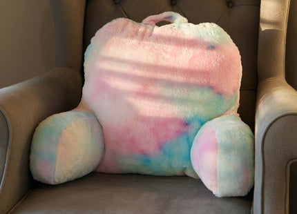 Comfortable and colorful rainbow reading pillow with soft faux fur, featuring arm support for added relaxation. Perfect as a backrest cushion for bed, couch, or chair, ideal for reading, lounging, or watching TV. 4