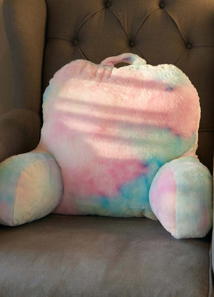 Comfortable and colorful rainbow reading pillow with soft faux fur, featuring arm support for added relaxation. Perfect as a backrest cushion for bed, couch, or chair, ideal for reading, lounging, or watching TV. 4