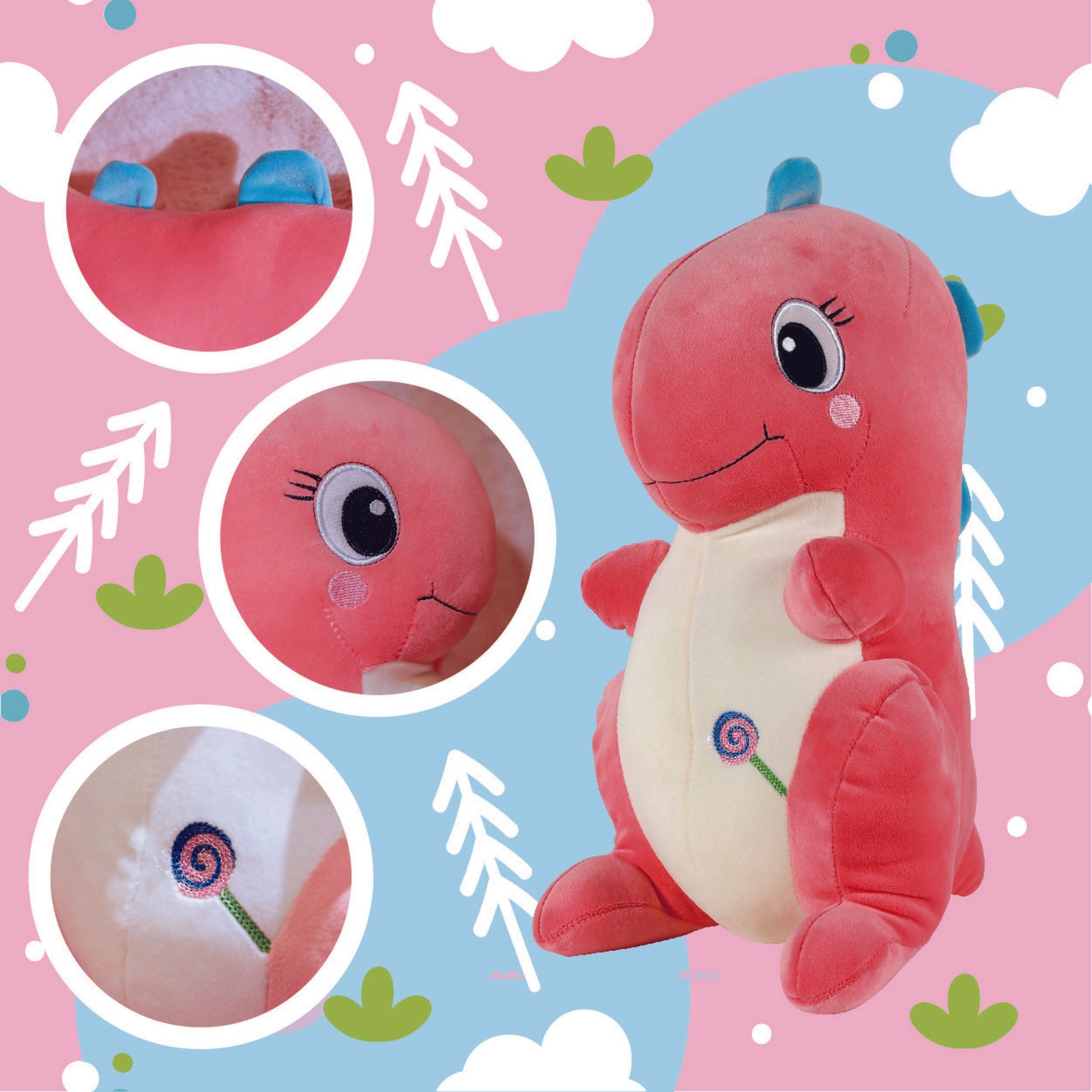 Adorable red dinosaur plush toy, soft and squishy, perfect for cuddling. This cute dinosaur stuffed animal doubles as a pillow for kids, making it an ideal plushie for playtime or bedtime. A must-have for dinosaur lovers and fans of squishmallow-style toys. 4
