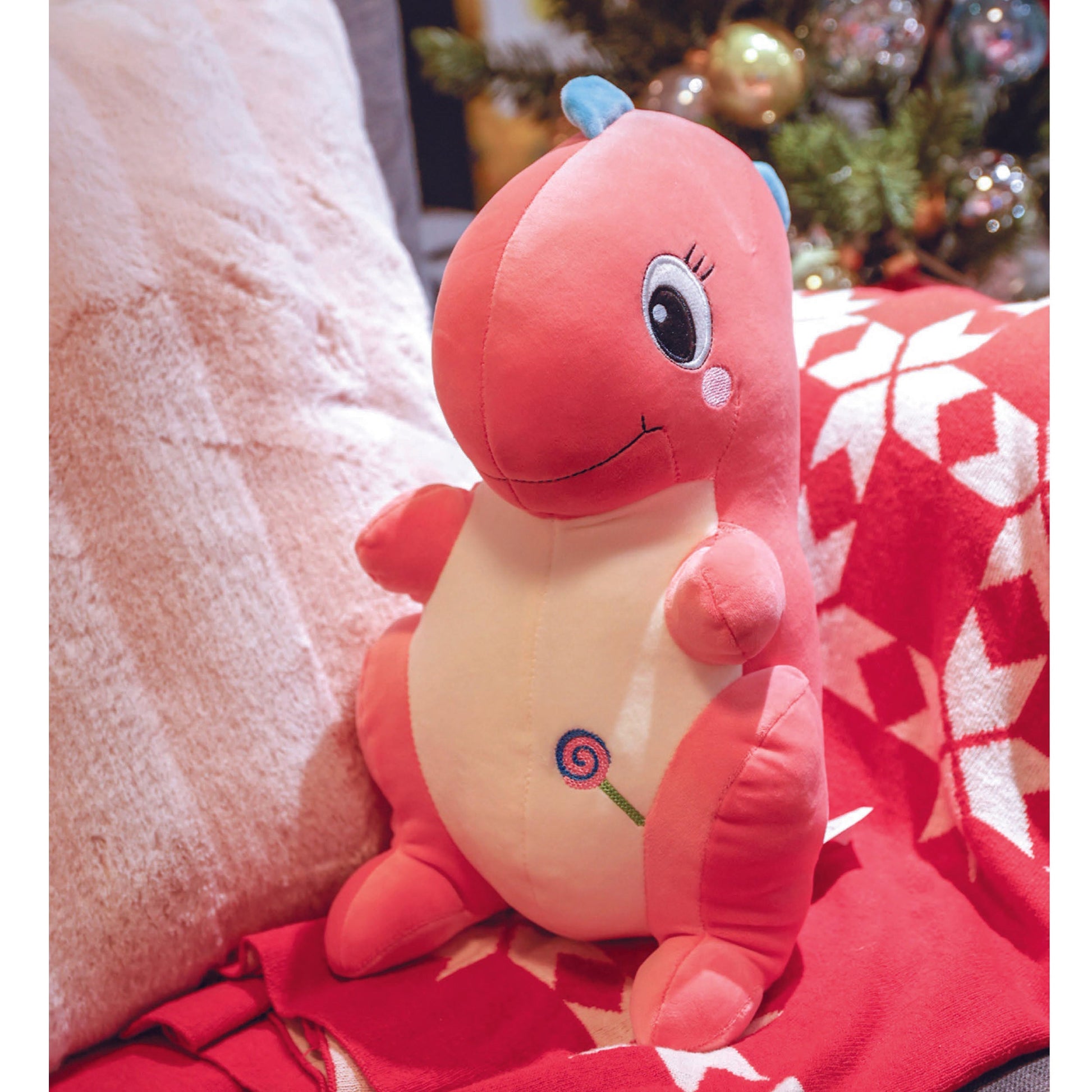 Adorable red dinosaur plush toy, soft and squishy, perfect for cuddling. This cute dinosaur stuffed animal doubles as a pillow for kids, making it an ideal plushie for playtime or bedtime. A must-have for dinosaur lovers and fans of squishmallow-style toys. 6
