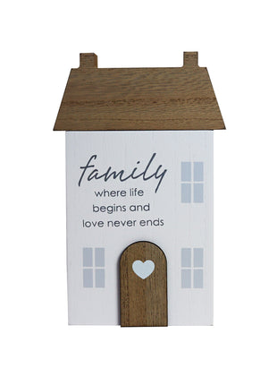 Charming rustic wooden miniature house model, designed in a country style. Family where life begins and love never ends. This small and elegant home decor piece is perfect for adding a touch of countryside charm to any tabletop or shelf. 1
