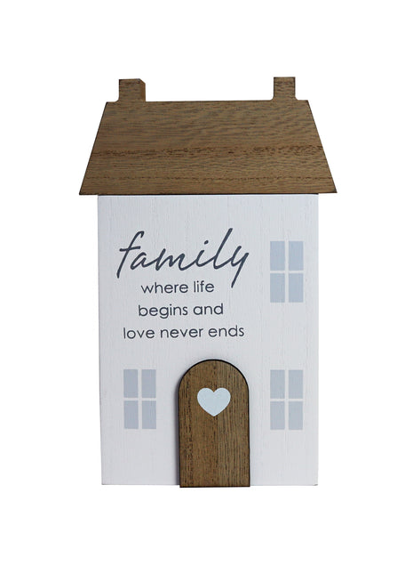 Charming rustic wooden miniature house model, designed in a country style. Family where life begins and love never ends. This small and elegant home decor piece is perfect for adding a touch of countryside charm to any tabletop or shelf. 1
