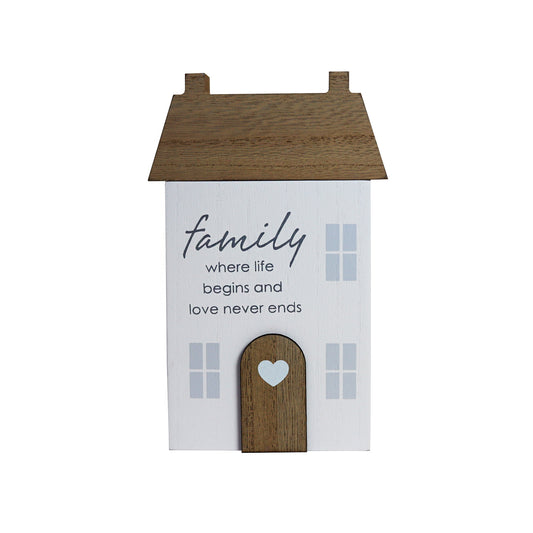 Charming rustic wooden miniature house model, designed in a country style. Family where life begins and love never ends. This small and elegant home decor piece is perfect for adding a touch of countryside charm to any tabletop or shelf. 1
