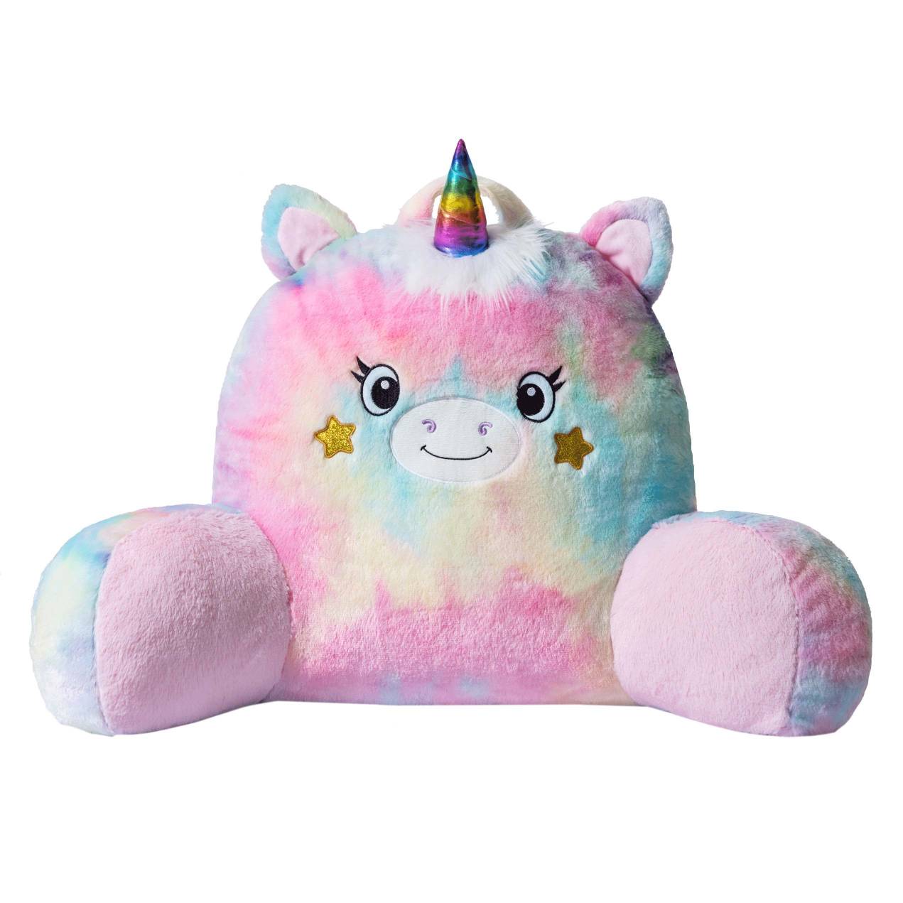 Adorable unicorn-shaped reading pillow with rainbow colors, offering back support and a comfortable resting spot for your arms. Perfect as a bed rest pillow, back support pillow, or backrest cushion, ideal for reading, lounging, and relaxing in style. 1