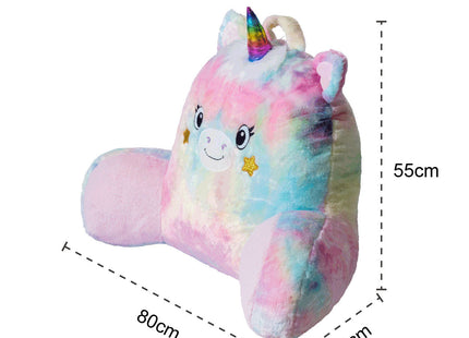 Adorable unicorn-shaped reading pillow with rainbow colors, offering back support and a comfortable resting spot for your arms. Perfect as a bed rest pillow, back support pillow, or backrest cushion, ideal for reading, lounging, and relaxing in style. 2