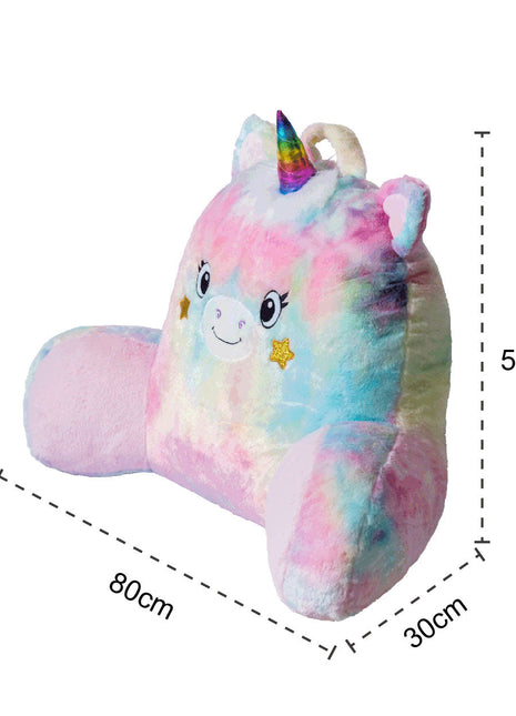 Adorable unicorn-shaped reading pillow with rainbow colors, offering back support and a comfortable resting spot for your arms. Perfect as a bed rest pillow, back support pillow, or backrest cushion, ideal for reading, lounging, and relaxing in style. 2