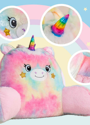 Adorable unicorn-shaped reading pillow with rainbow colors, offering back support and a comfortable resting spot for your arms. Perfect as a bed rest pillow, back support pillow, or backrest cushion, ideal for reading, lounging, and relaxing in style. 3
