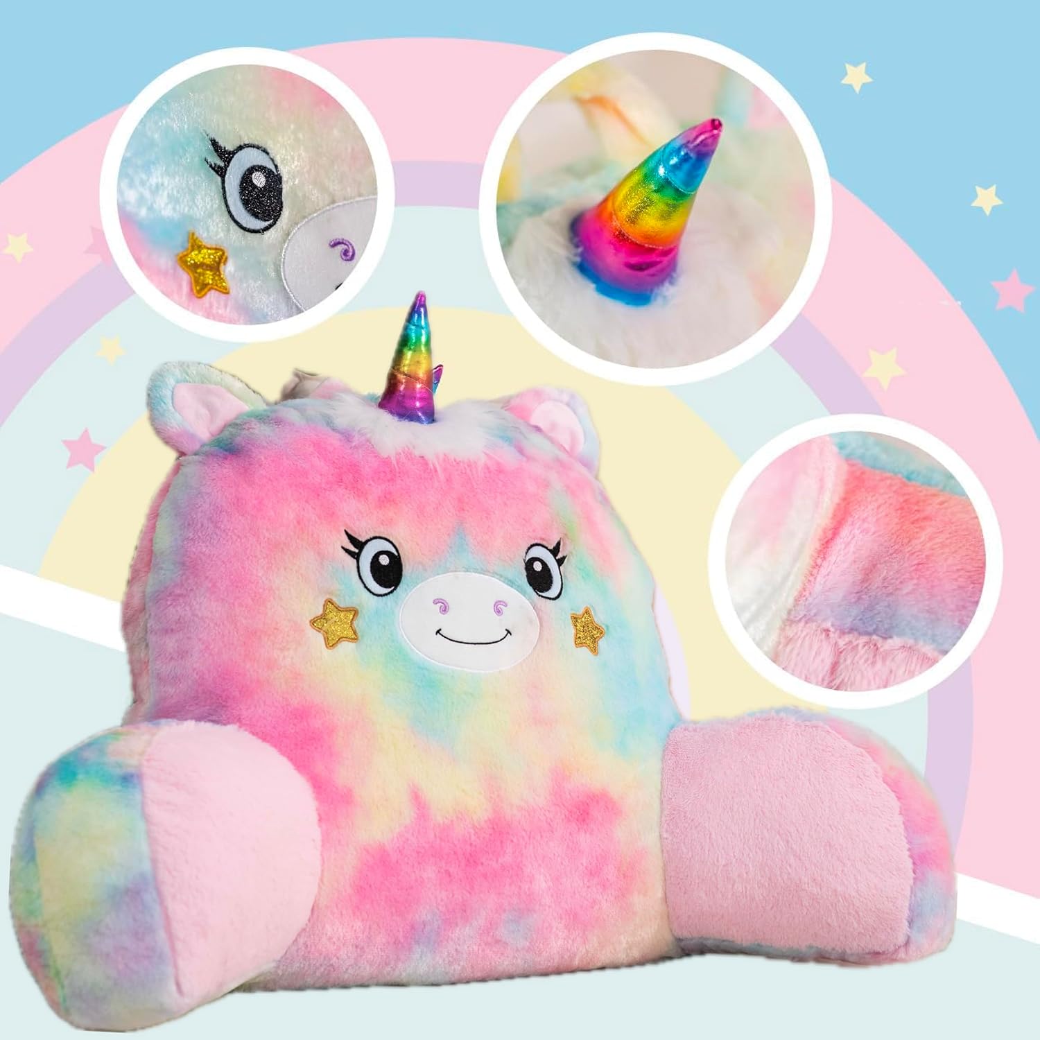 Adorable unicorn-shaped reading pillow with rainbow colors, offering back support and a comfortable resting spot for your arms. Perfect as a bed rest pillow, back support pillow, or backrest cushion, ideal for reading, lounging, and relaxing in style. 3