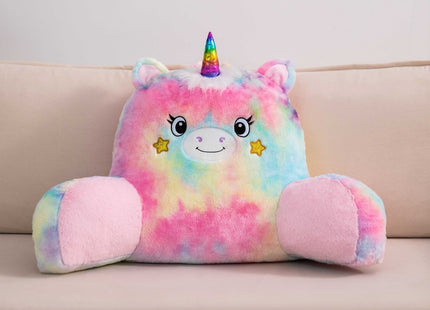 Adorable unicorn-shaped reading pillow with rainbow colors, offering back support and a comfortable resting spot for your arms. Perfect as a bed rest pillow, back support pillow, or backrest cushion, ideal for reading, lounging, and relaxing in style. 4
