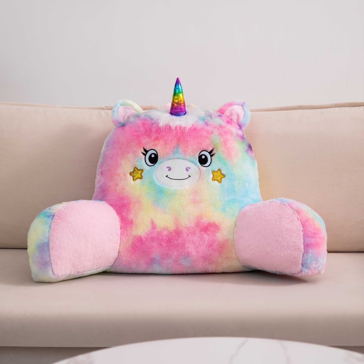 Adorable unicorn-shaped reading pillow with rainbow colors, offering back support and a comfortable resting spot for your arms. Perfect as a bed rest pillow, back support pillow, or backrest cushion, ideal for reading, lounging, and relaxing in style. 4