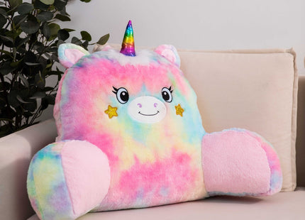 Adorable unicorn-shaped reading pillow with rainbow colors, offering back support and a comfortable resting spot for your arms. Perfect as a bed rest pillow, back support pillow, or backrest cushion, ideal for reading, lounging, and relaxing in style. 5