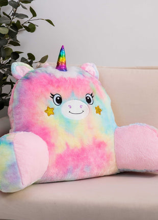 Adorable unicorn-shaped reading pillow with rainbow colors, offering back support and a comfortable resting spot for your arms. Perfect as a bed rest pillow, back support pillow, or backrest cushion, ideal for reading, lounging, and relaxing in style. 5