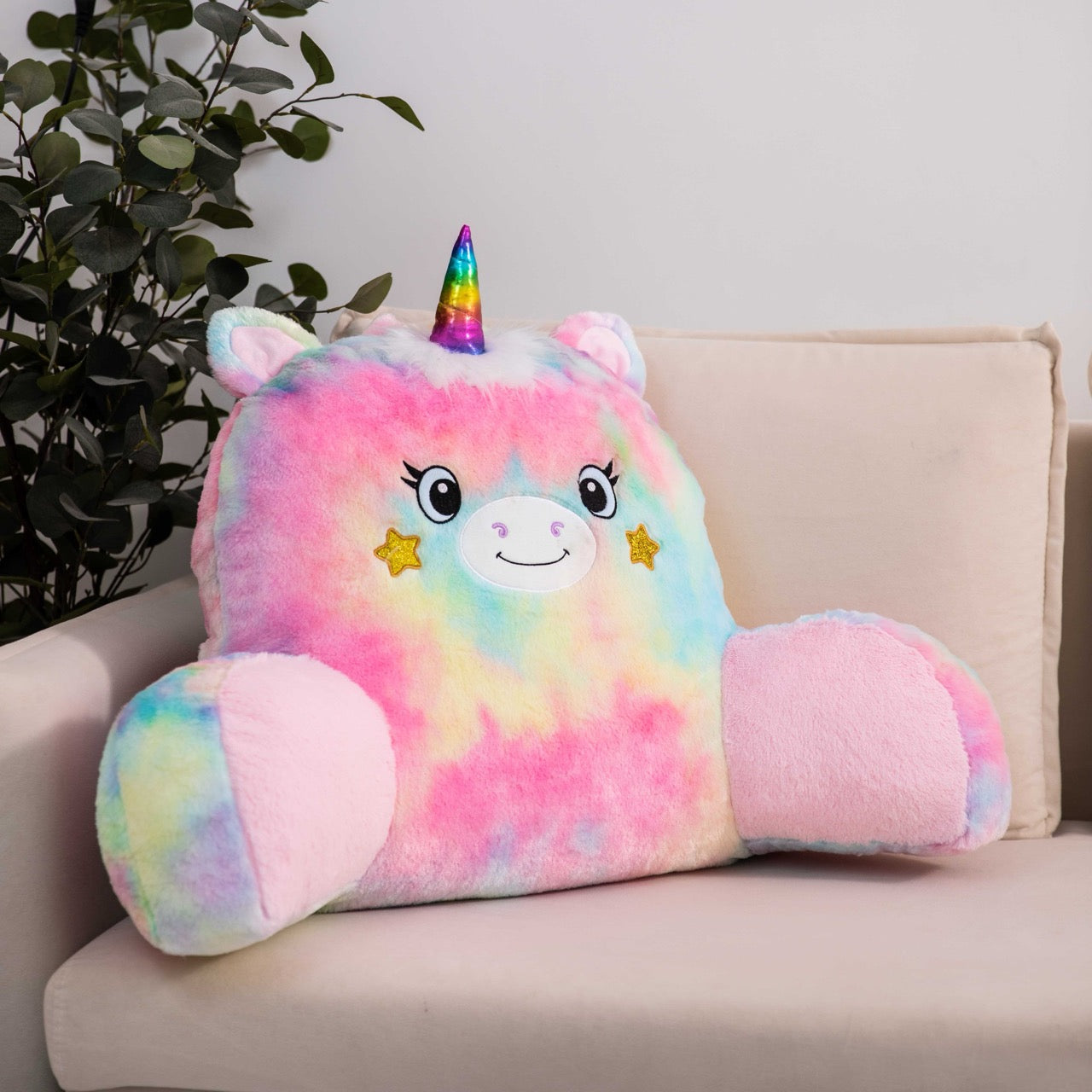 Adorable unicorn-shaped reading pillow with rainbow colors, offering back support and a comfortable resting spot for your arms. Perfect as a bed rest pillow, back support pillow, or backrest cushion, ideal for reading, lounging, and relaxing in style. 5