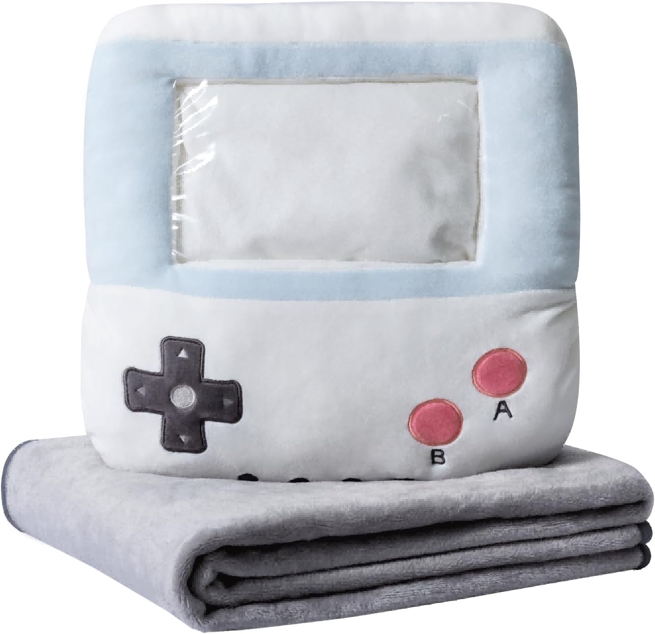 Adorable white game console-shaped plush toy with a soft blanket inside and a hand-warmer feature in its belly. This multi-functional stuffed animal offers comfort and warmth, making it a perfect squishmallow-style throw pillow or plushie for cozy relaxation. 1
