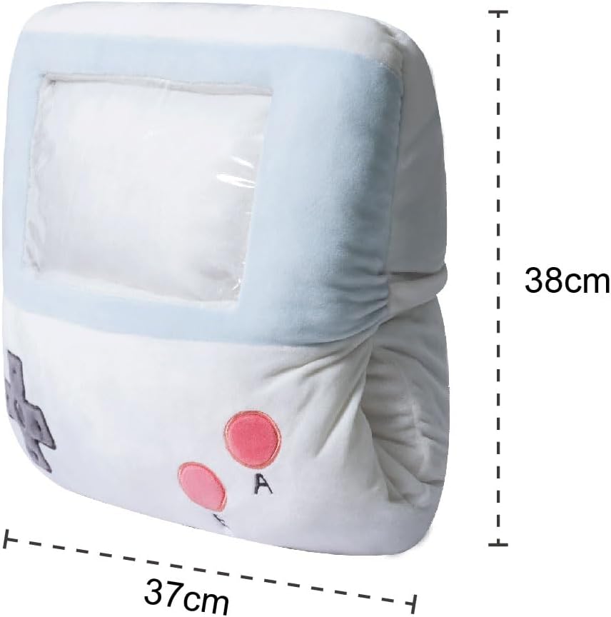 Adorable white game console-shaped plush toy with a soft blanket inside and a hand-warmer feature in its belly. This multi-functional stuffed animal offers comfort and warmth, making it a perfect squishmallow-style throw pillow or plushie for cozy relaxation. 2
