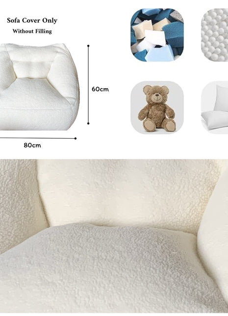 White Sherpa bean bag chair cover designed for ultimate comfort and modern style. Perfect as a bean bag chair, beanbag sofa cover, or lazy sofa, providing a cozy and versatile seating option for relaxing in any space. 2