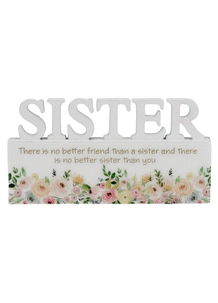 A charming white decorative ornament featuring the word "Sister" with beautiful floral patterns, making it an ideal home decor gift for your sister. The delicate floral design adds a touch of elegance and warmth, making it a perfect gift for birthdays, holidays, or any special occasion. This meaningful ornament symbolizes the love and connection shared between siblings and serves as a reminder of cherished moments. The simple yet elegant white color complements any home decor style, creating a heartfelt and